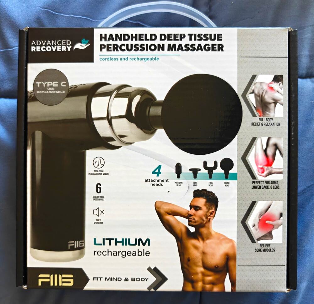 NEW Advanced Recovery Handheld Cordless Percussion Massager, 4 Heads, Black